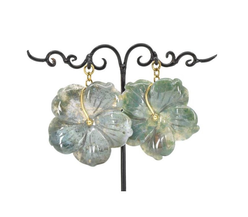 Moss Agate Hibiscus Flower Dangle in Brass