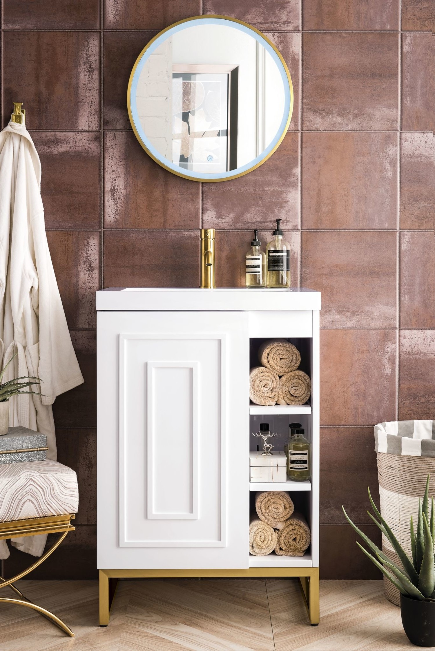 Alicante' 24'' Single Vanity Cabinet, Radiant Gold w/White Glossy Resin  Countertop - Polaris Home Design