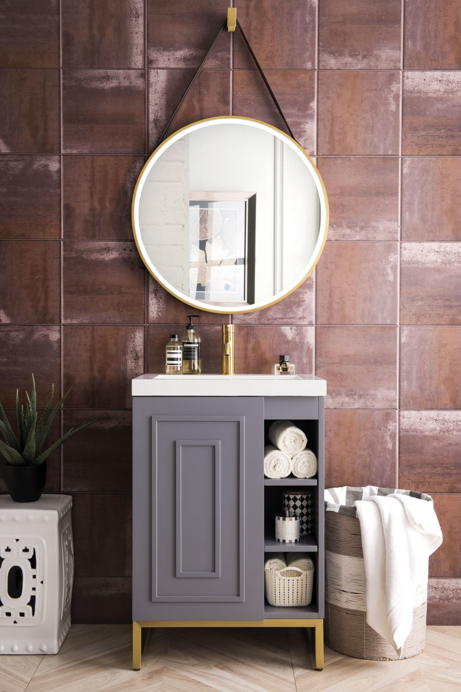 Alicante' 24'' Single Vanity Cabinet, Radiant Gold w/White Glossy Resin  Countertop - Polaris Home Design