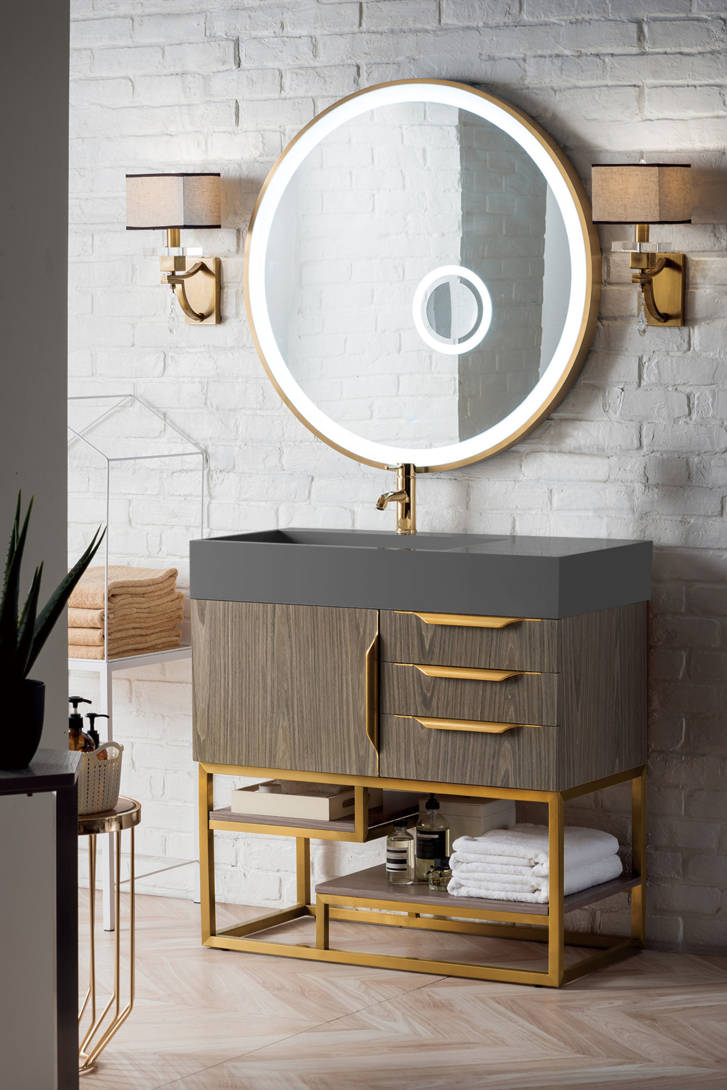 Columbia 31.5 Single Vanity Cabinet, Radiant Gold, w/ White Glossy  Composite Countertop - Polaris Home Design