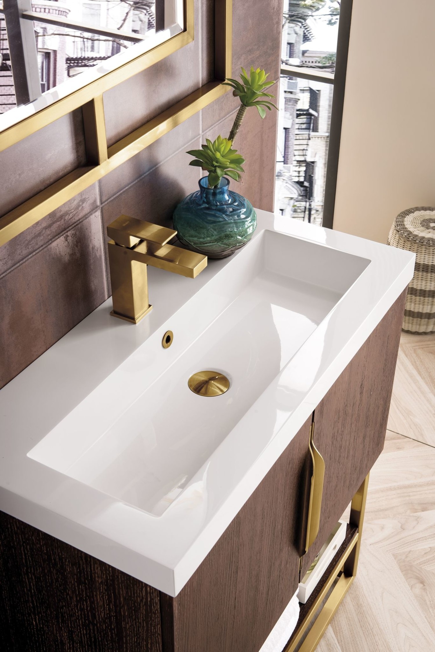 James Martin Furniture Columbia 31.5 Single Vanity Cabinet, Radiant Gold,  w/ White Glossy Composite Countertop
