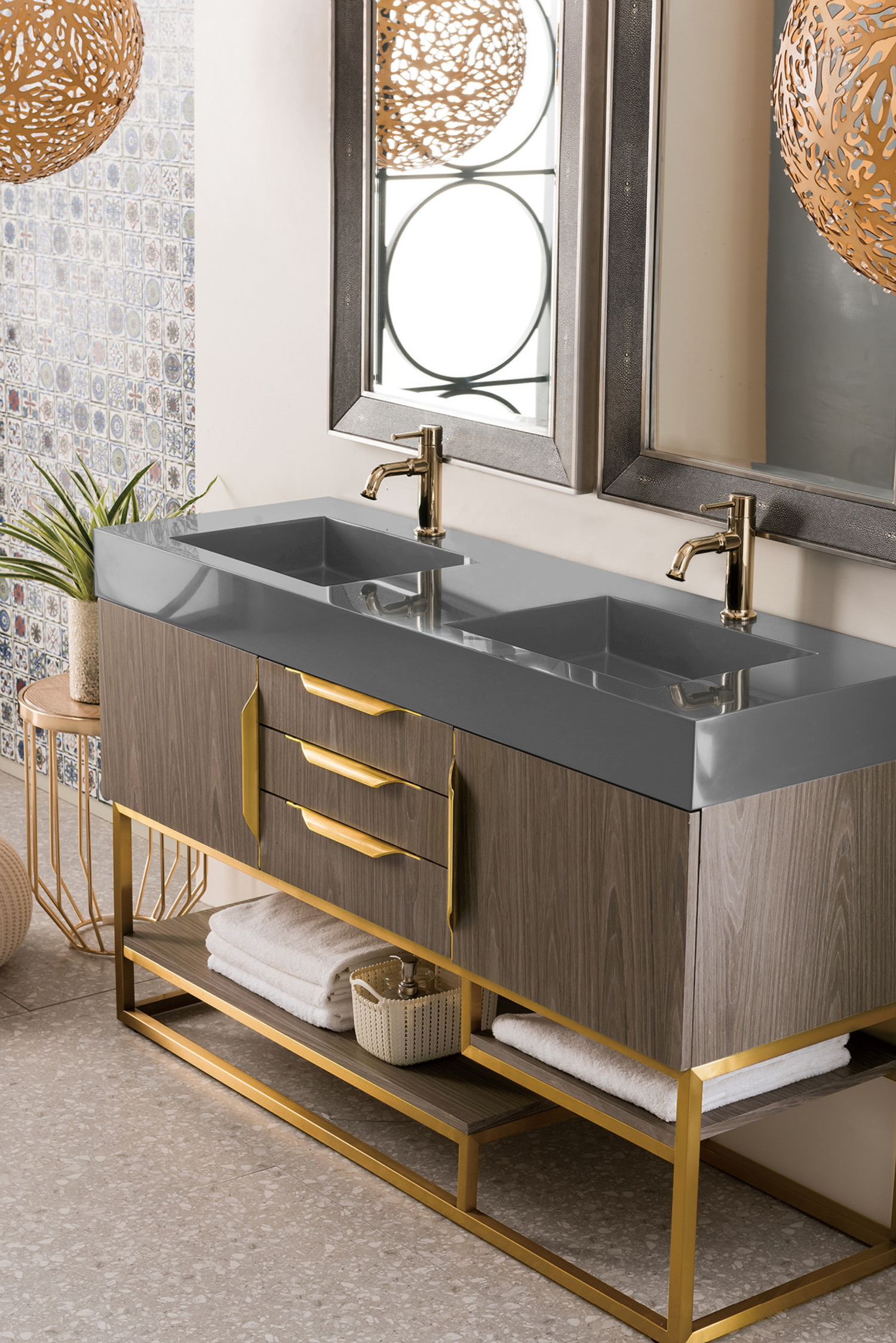 Columbia 59 Double Vanity, Radiant Gold w/ Dusk Grey Glossy Composite Top  - Polaris Home Design