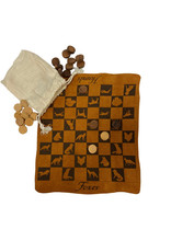 Madison Bay Company 9-1/2" Fox and Hound Checkers, Leather Engraved, Wood Pieces, Muslin Bag
