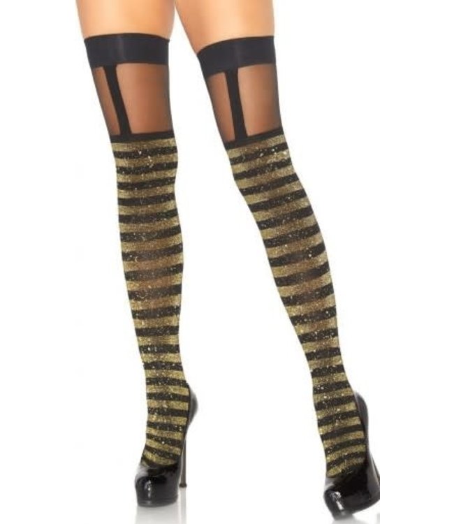 Leg Avenue Thigh Highs - Lurex Opaque w/ Garter Black & Gold