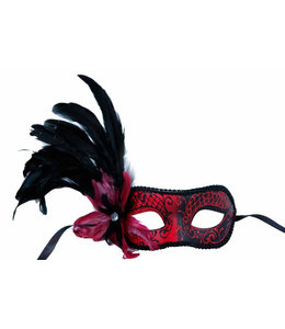 KBW Global Venetian Mask W/Side Feathers-Red/Black