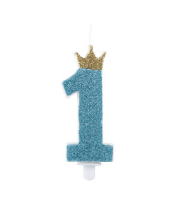 Givvi Candles Glitter Candle 9.5cm Number 1 w/Gold Crown-Light Blue