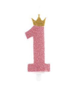 Givvi Candles Numeral Glitter Pink Candle 1  9.5cm Gold Crown