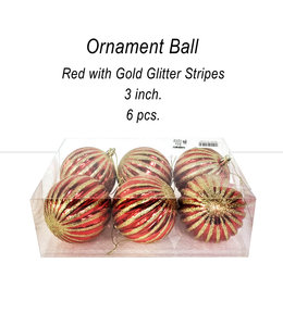 3 Inch Ornament Ball 6/pk-Red w/Gold Glitter Stripes