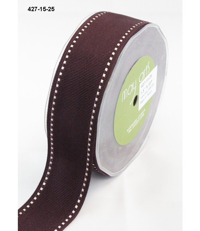 May Arts Ribbon-Grosgrain/Stitched Edge Burgundy-Ivory 1.5Inch X 20 YD