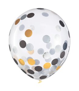 Amscan Inc. 12 Inch Latex Balloons With Confetti 6pk- Black-Silver-Gold