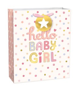 Amscan Inc. Large Bag w/ hang tag (13H x 10 1/2W x 5D) Inches-Hello Baby Girl Dots