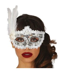 Fiestas Guirca Silver Sequin Mask With White Side Feathers