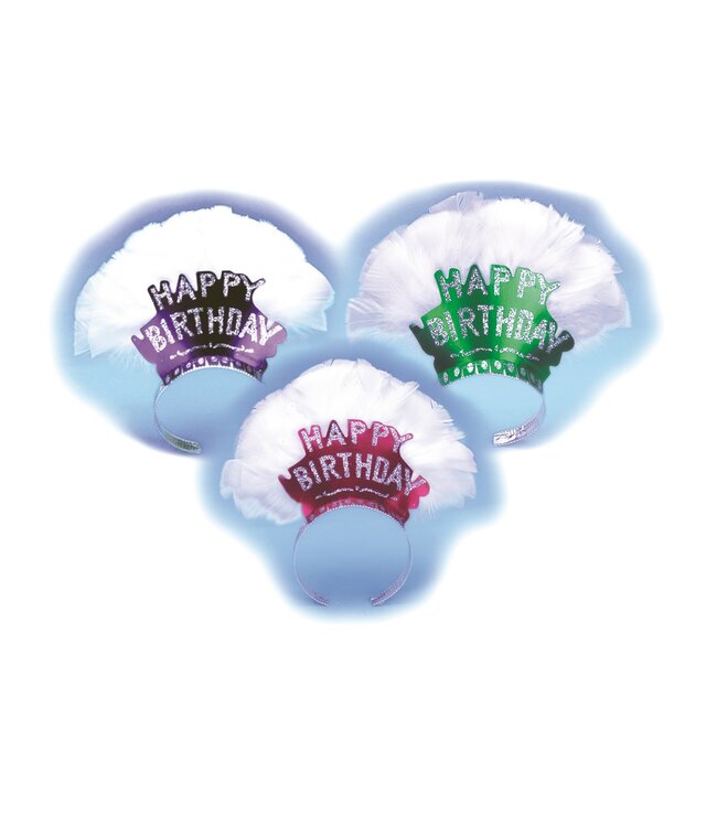 Deluxe Glittered Happy Birthday Headband w/White Feathers  6/Pk