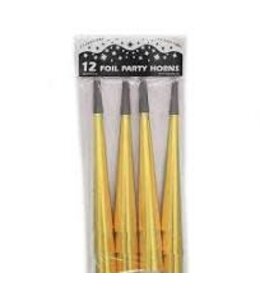 Party Time 9 Inch Foil Horns 12/Pk-Gold