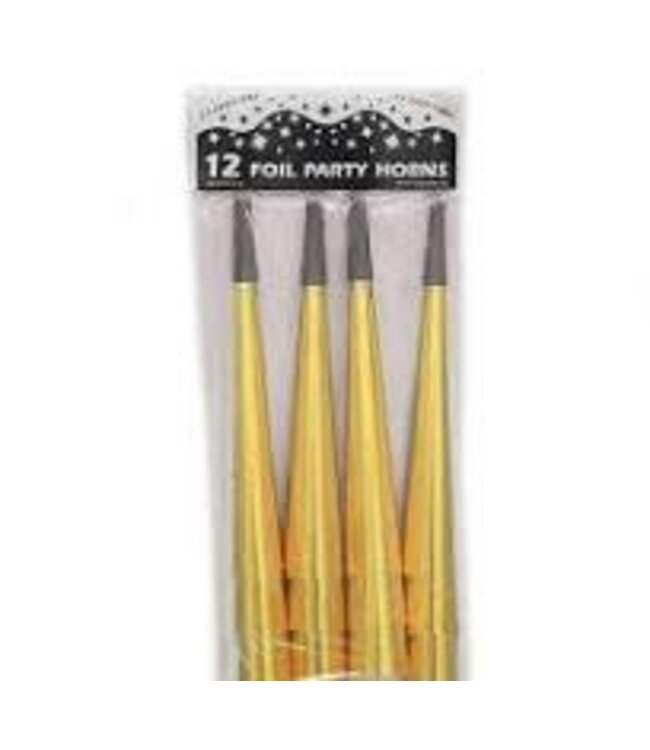 Party Time 9 Inch Foil Horns 12/Pk-Gold