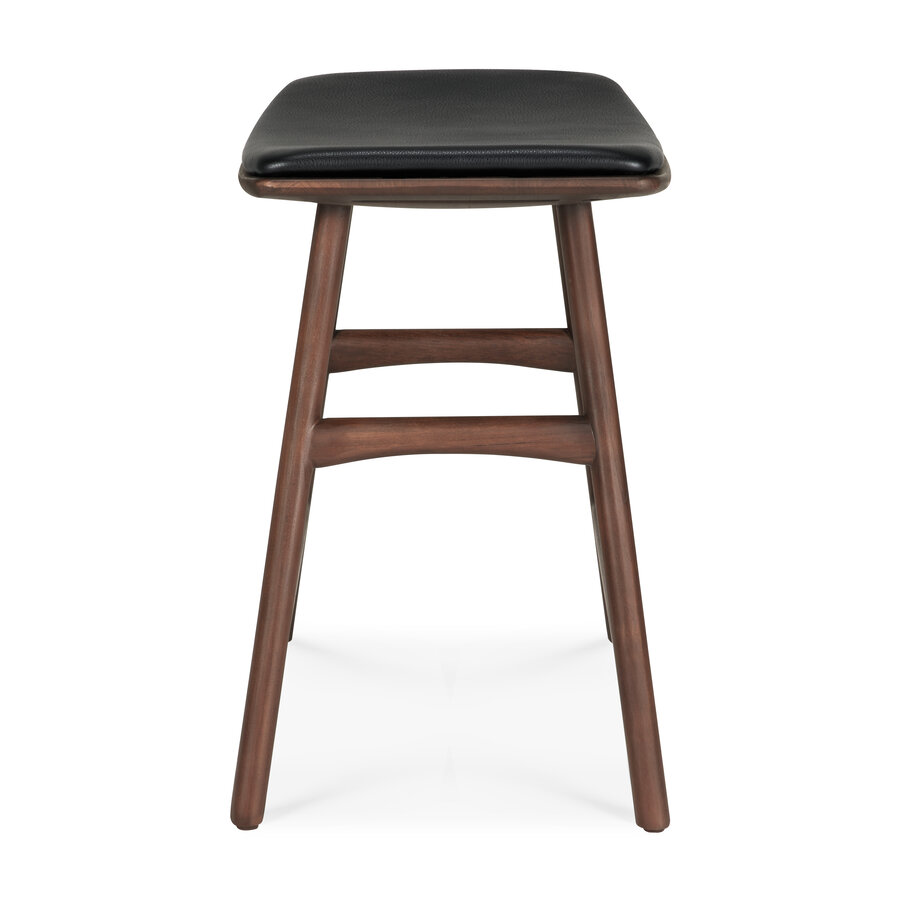 TABOURET DE TABLE OSSO - TECK VERNI BRUN - CUIR NOIR par Ethnicraft