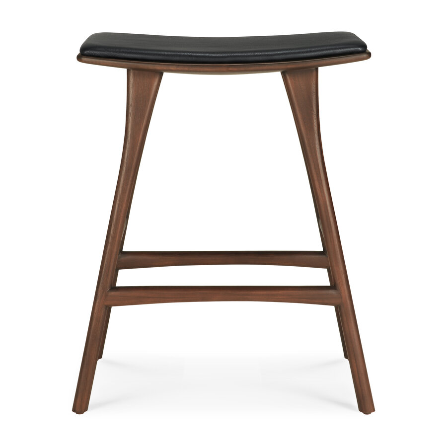 TABOURET DE COMPTOIR OSSO - TECK VERNI BRUN - CUIR NOIR par Ethnicraft