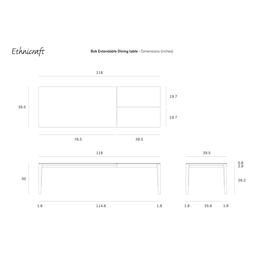 TABLE À DÎNER BOK EXTENSIBLE - RECTANGLE 78.5/118'' x 39.5'' par Ethnicraft
