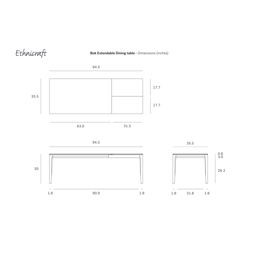 TABLE À DÎNER BOK EXTENSIBLE - RECTANGLE 63/94.5'' x 35.5'' par Ethnicraft