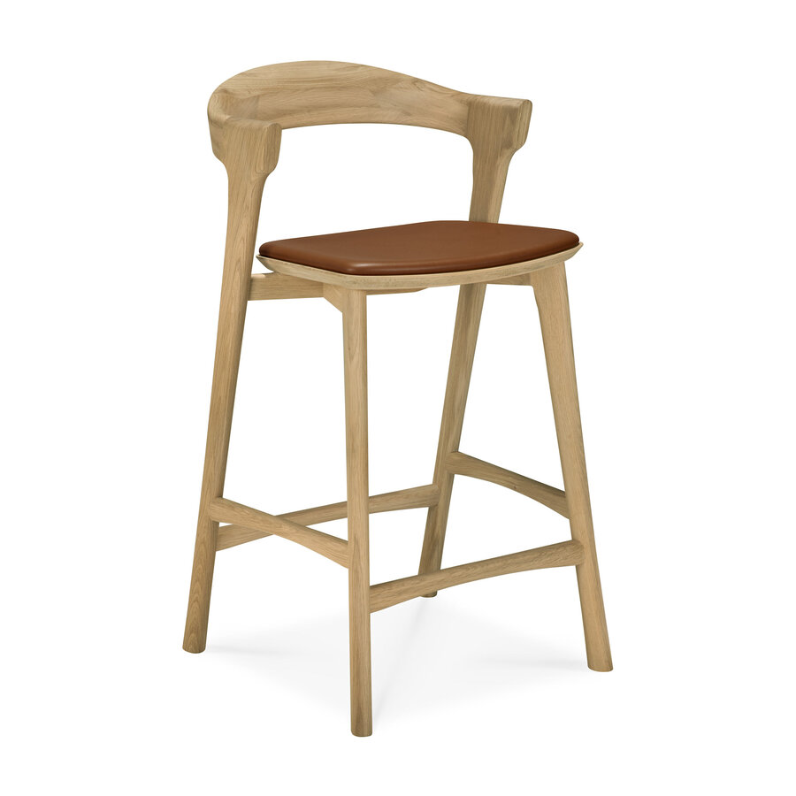 TABOURET COMPTOIR BOK - CHÊNE VERNIS - CUIR COGNAC