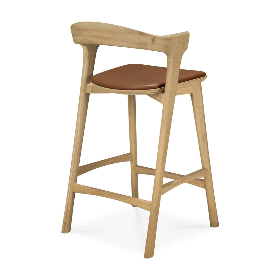 TABOURET COMPTOIR BOK - CHÊNE VERNIS - CUIR COGNAC