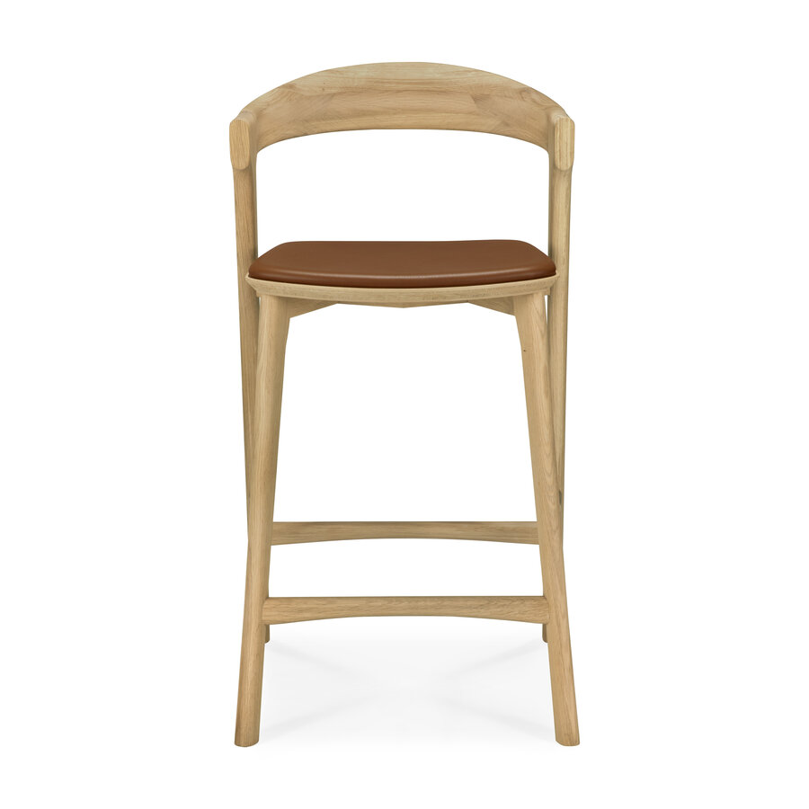 TABOURET COMPTOIR BOK - CHÊNE VERNIS - CUIR COGNAC