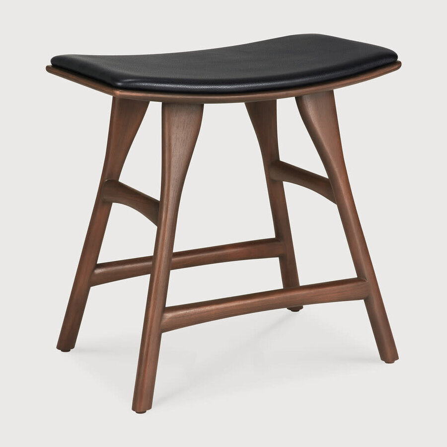 TABOURET DE TABLE OSSO - TECK VERNI BRUN - CUIR NOIR par Ethnicraft