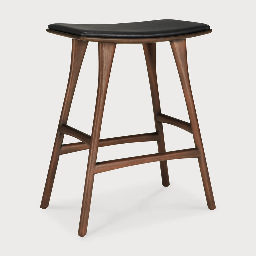 OSSO COUNTER STOOL - VARNISHED BROWN TEAK - BLACK LEATHER by Ethnicraft