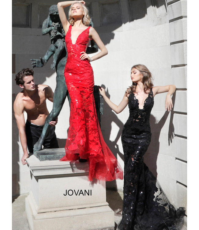 60283 Robe Ajustée À Appliques Florales Scintillantes Red