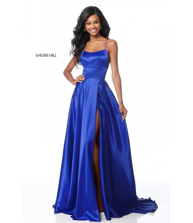 Sherri Hill 51631 Robe En satin Avec Fente Bleu Royal