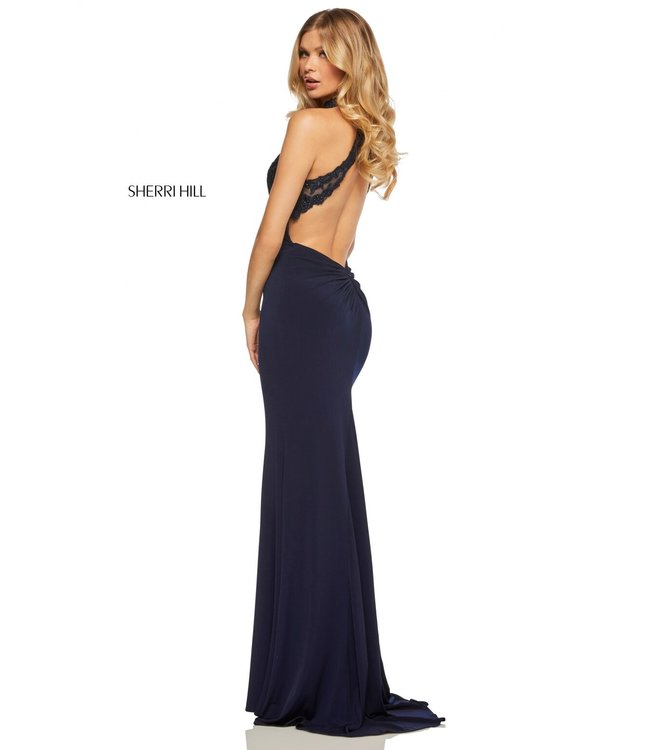 Sherri Hill 52901 Robe Ajustée Dos Ouvert Marine