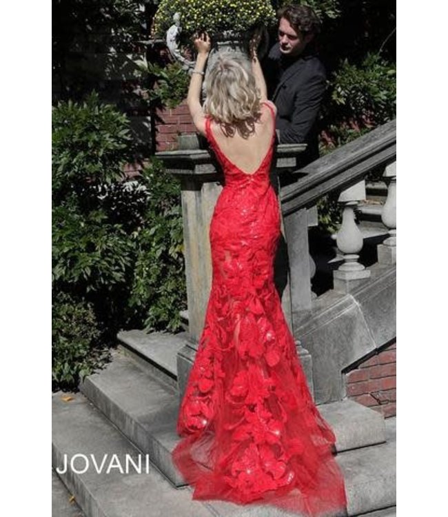 60283 Robe Ajustée À Appliques Florales Scintillantes Red