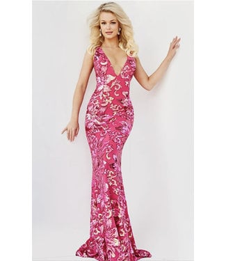 Jovani 08462 Robe Ajustée Avec Fleurs En Paillettes Pink