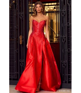 55115 Robe Brillante Bustier Avec Fente Rouge