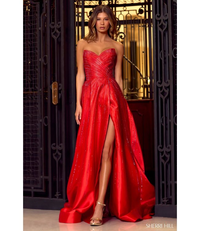 55115 Robe Brillante Bustier Avec Fente Rouge