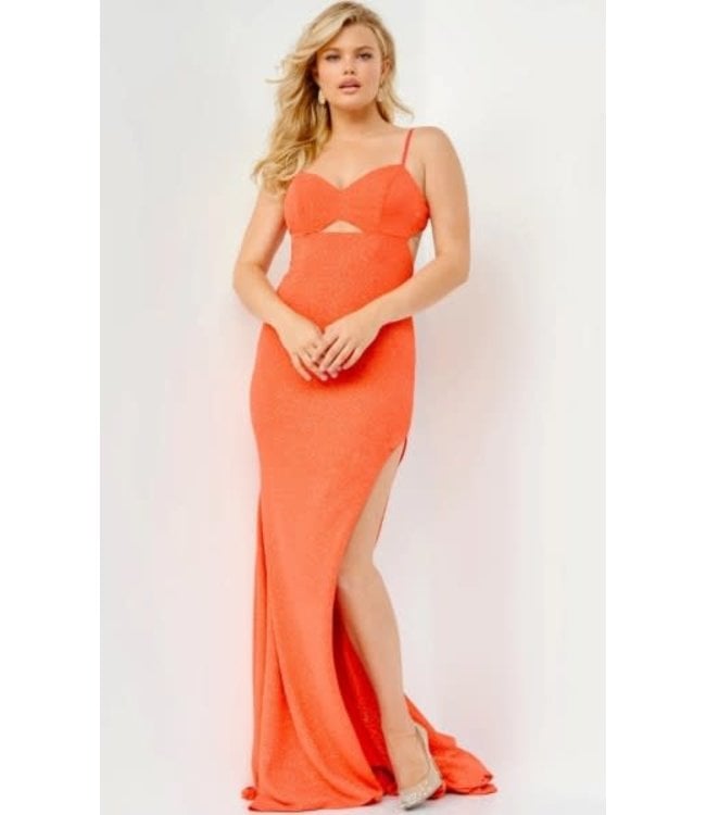 Jovani 07344 Robe Décolleté Bretelle Spaghetti Orange