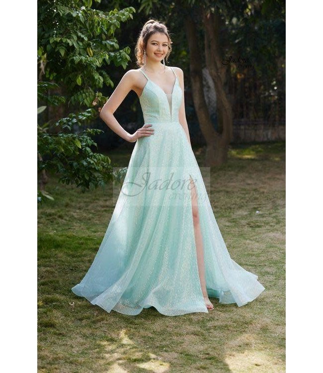 J21002 Robe  Décolleté Brillante Avec Fente Menthe