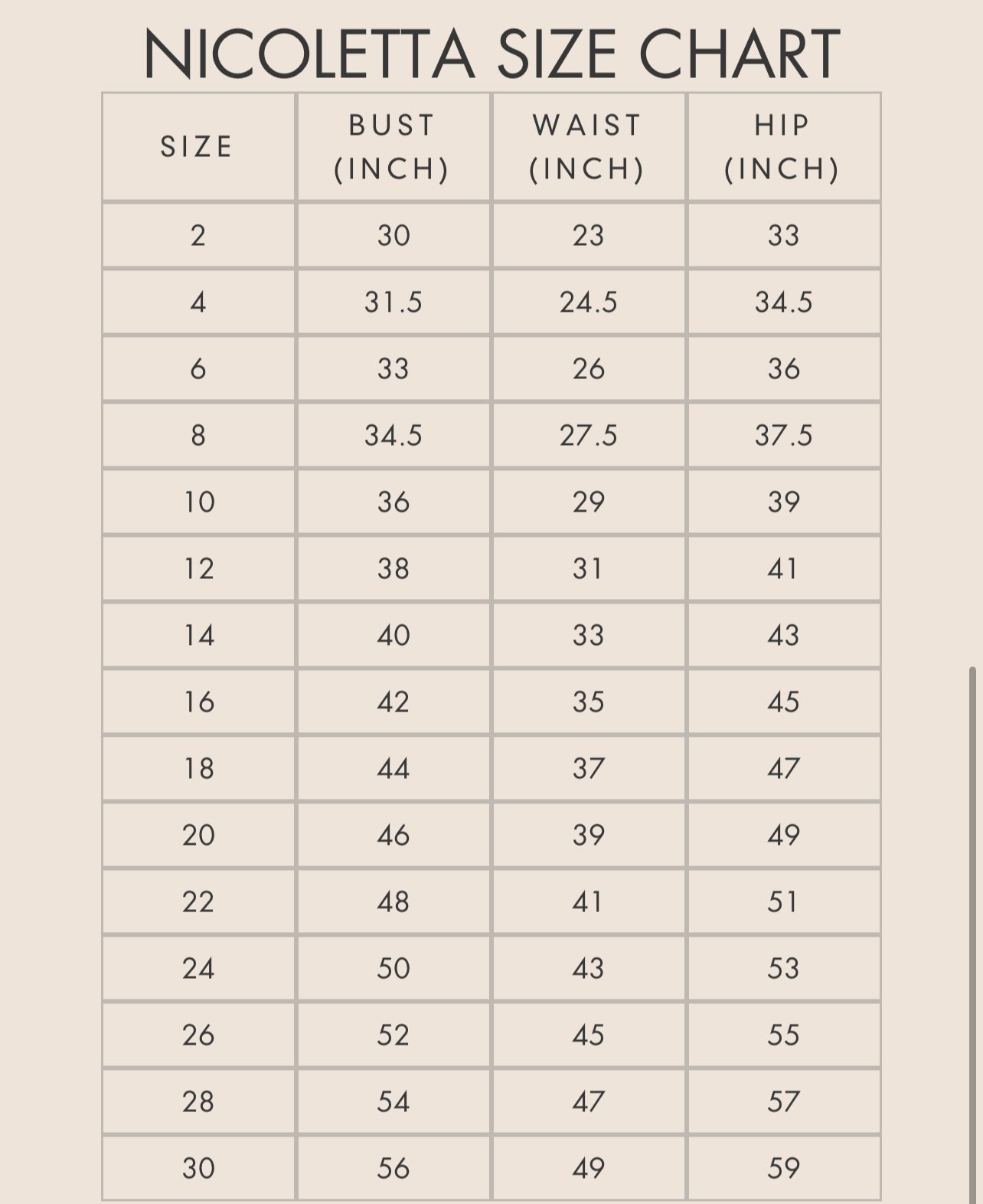 size chart Jadore