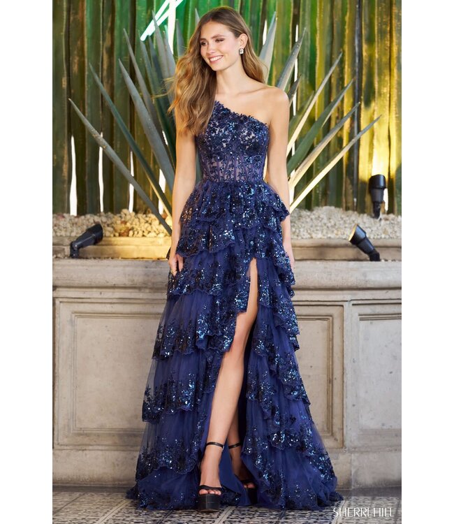 55799 Robe À Une Bretelle Et Jupe Étagée Marine