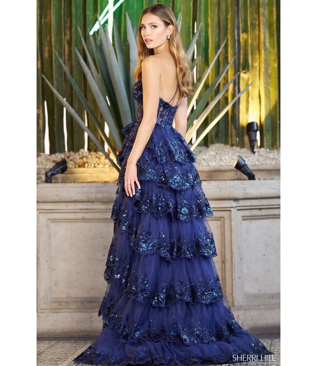 55799 Robe À Une Bretelle Et Jupe Étagée Marine