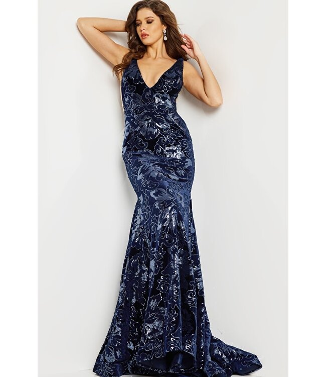 32581 Robe Ajustée En Velour Avec Paillettes Marine