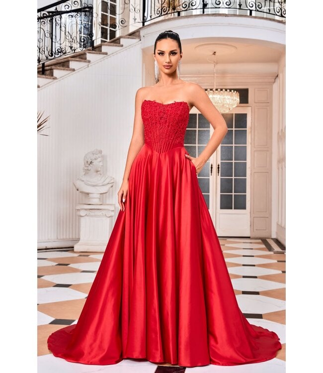 j24015 Robe Corset Et Satin Rouge