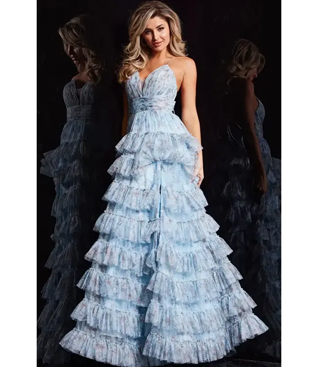 36571 Robe À Étages Bleu Fleurie Brillante