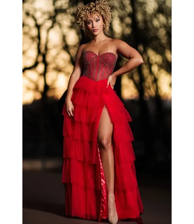 Jovani 38090 Robe Corset Rouge À Volant