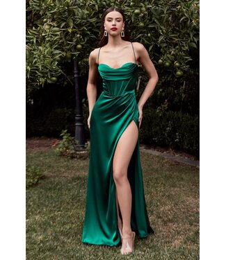 3847 Robe En Satin Avec Dos Lacé Émeraude