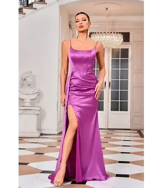 J24036 Robe Satin Avec Fente Magenta