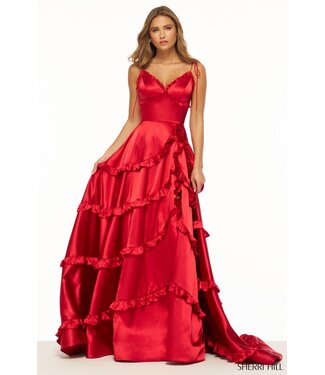 56353 Robe En Satin À Volant Rouge