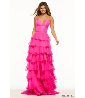 56108 Robe De Chiffon À Volants Fushia 56108 Robe De Chiffon À Volants Fushia