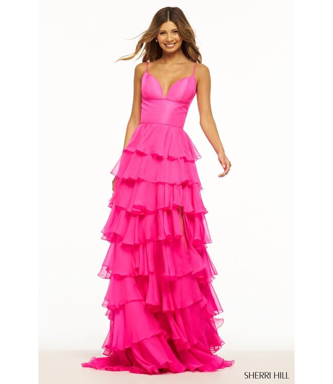 56108 Robe De Chiffon À Volants Fushia
