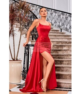 J24036 Robe Satin Avec Fente Rouge